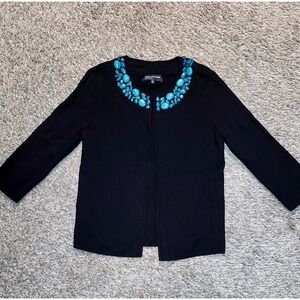 JONES NY SIGNATURE Black‎ Jewel Embellished Open Front Cardigan Sweater Womens S